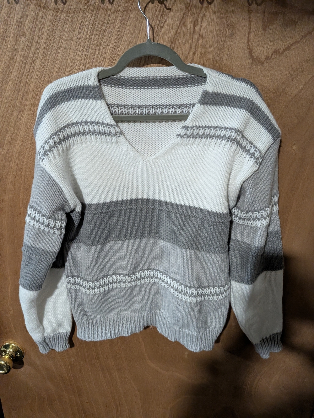 SHEIN White & Gray Striped V-Neck Knit Sweater